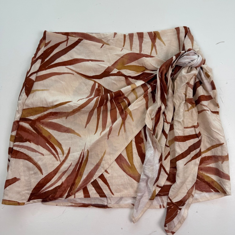 Tropical Palm Print Faux Wrap Mini Skirt Side Tie Cream Terracotta Large